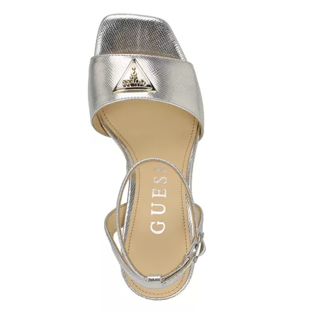 GUESS Women's Silver Gelya Block Heel Ankle Strap Open Toe Dress Sandals Size 10 - Picture 3 of 5